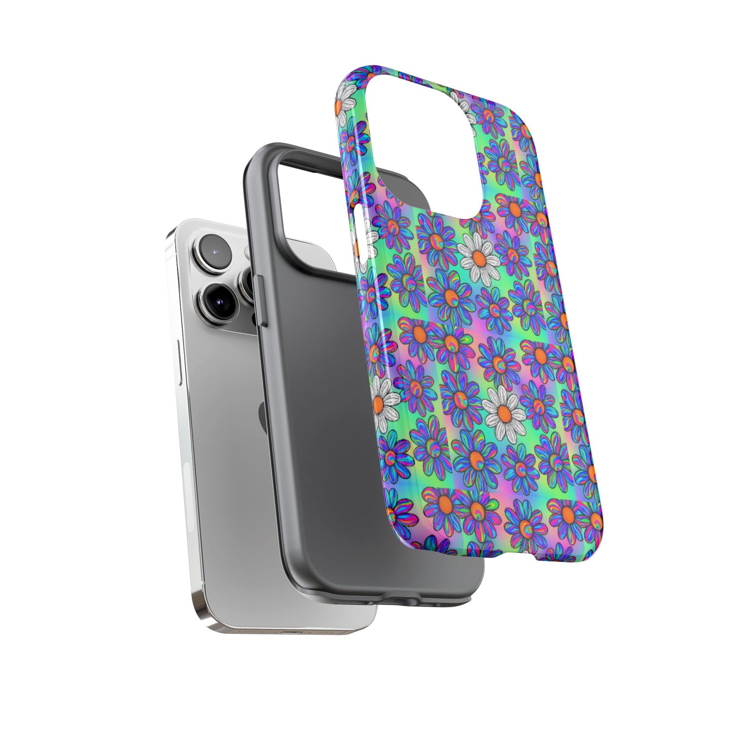 Trippy Daisy Tough Phone Case - Psychedelic Floral Aesthetic, Colorful Groovy Design, Compatible with iPhone, Galaxy, and Google Phones