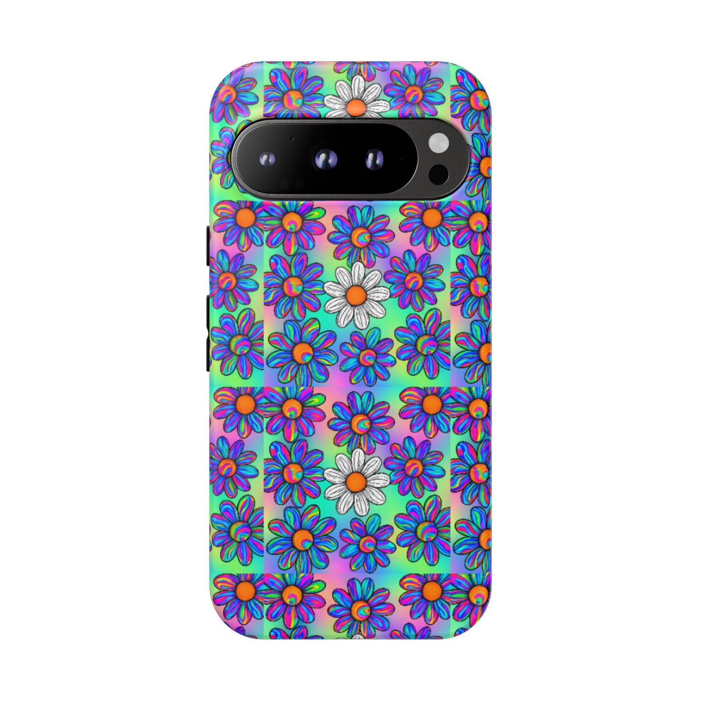 Trippy Daisy Tough Phone Case - Psychedelic Floral Aesthetic, Colorful Groovy Design, Compatible with iPhone, Galaxy, and Google Phones