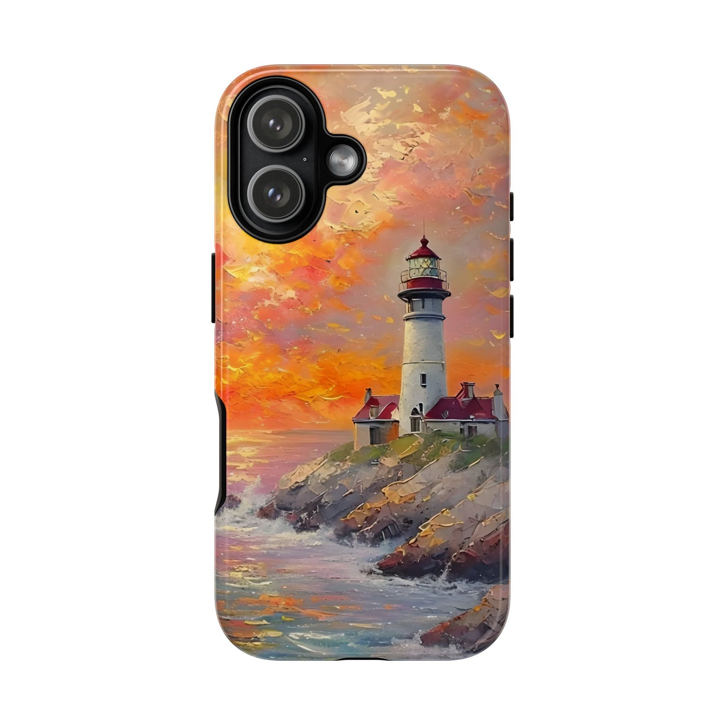 Lighthouse Ocean Scenery Tough Phone Case, Oil Painting, Sunset Coastal Compatible with iPhone 17, 16, 15, 14, 13, Galaxy, Google