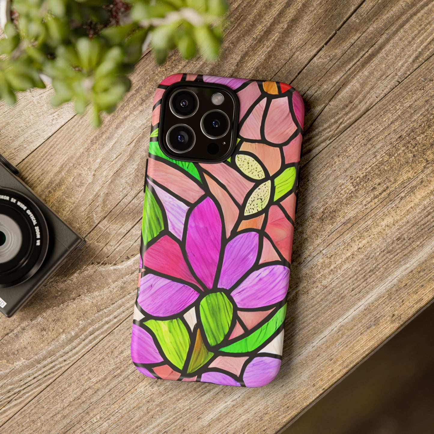Stained Glass Floral Tough Phone Case - compatible with iPhone 15 14 13 12 11 X, Samsung Galaxy, Google Pixel- Artistic Flower Pattern Cover