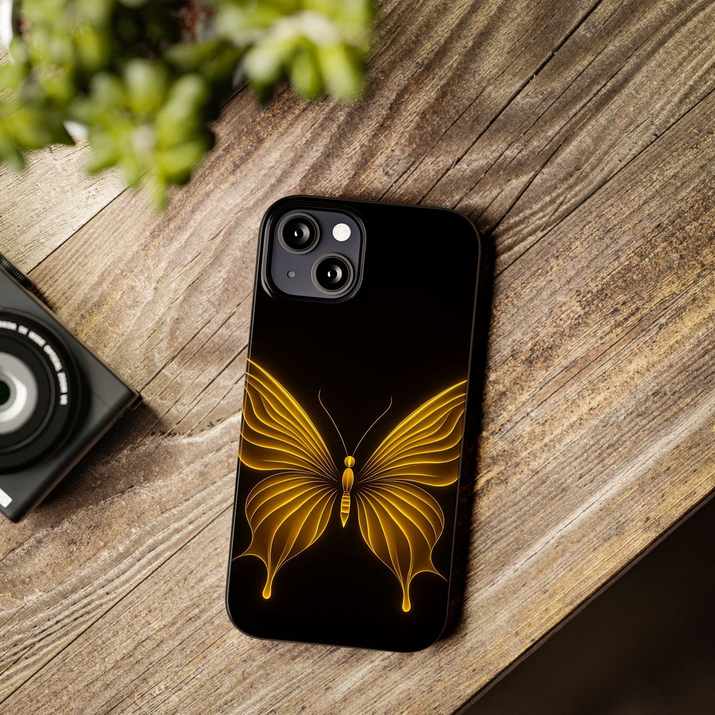Golden Butterfly Phone Case, Elegant Insect Art, Black Aesthetic Slim Phone Case Compatible with iPhone, Galaxy, Google