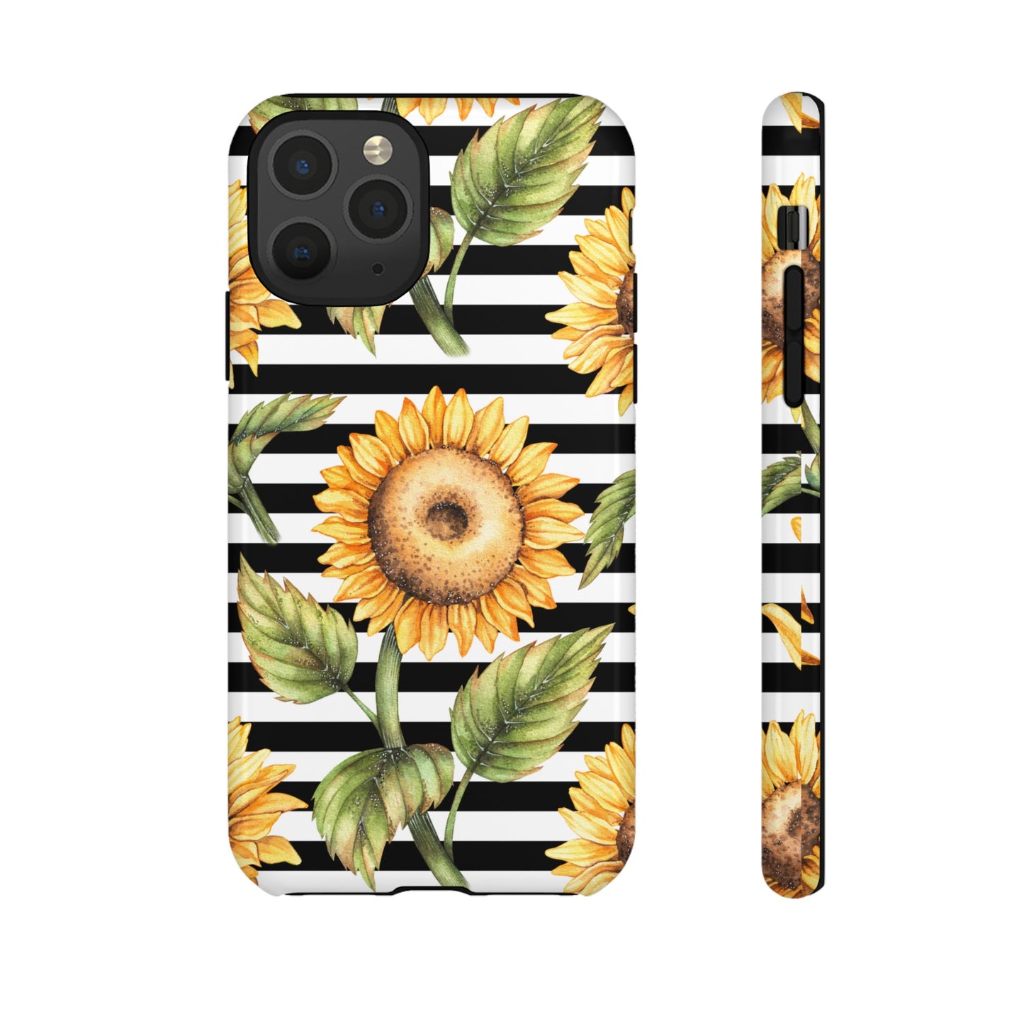 Sunflower Tough Phone Case - Bold Yellow Floral Art, Black and White Striped Aesthetic, Compatible with iPhone, Galaxy, and Google Phones