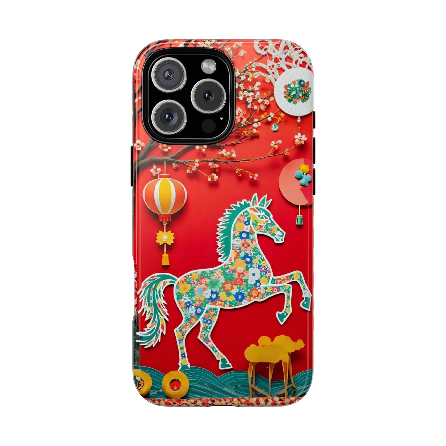Year of the Horse Floral Art Tough Phone Case, Chinese Zodiac 2026 Design, compatible with iPhone 17 16 15 14 13 Galaxy Google