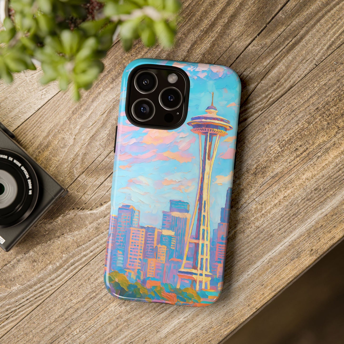 Cityscape Tough Phone Case, Seattle Skyline Art, Watercolor Day Design Compatible with iPhone, Galaxy, and Google