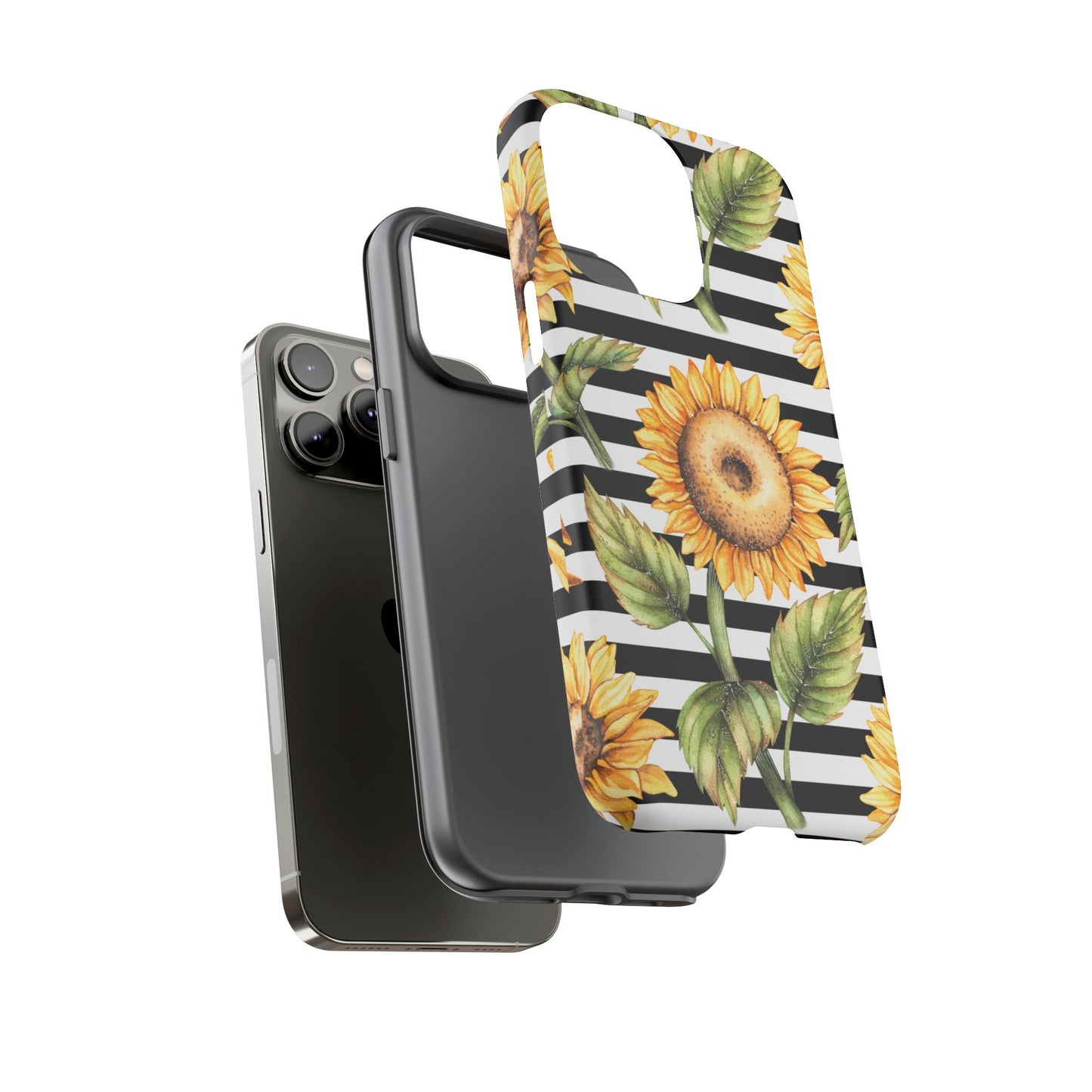 Sunflower Tough Phone Case - Bold Yellow Floral Art, Black and White Striped Aesthetic, Compatible with iPhone, Galaxy, and Google Phones