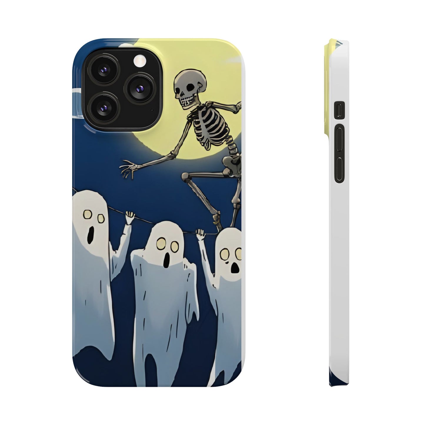 Jumping Skeleton Slim Phone Case - Halloween Aesthetic, Creepy Cute Ghost Cartoon Style, Compatible with iPhone, Galaxy, and Google Phones