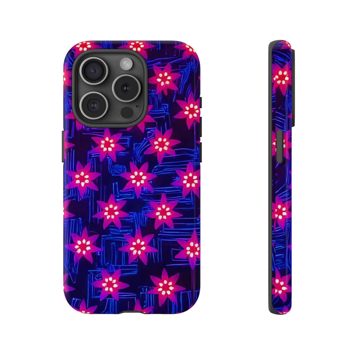 Neon Flower Tough Phone Case - Trippy Dark Floral Art, Electric Glow Aesthetic, Compatible with iPhone, Galaxy, and Google Phones