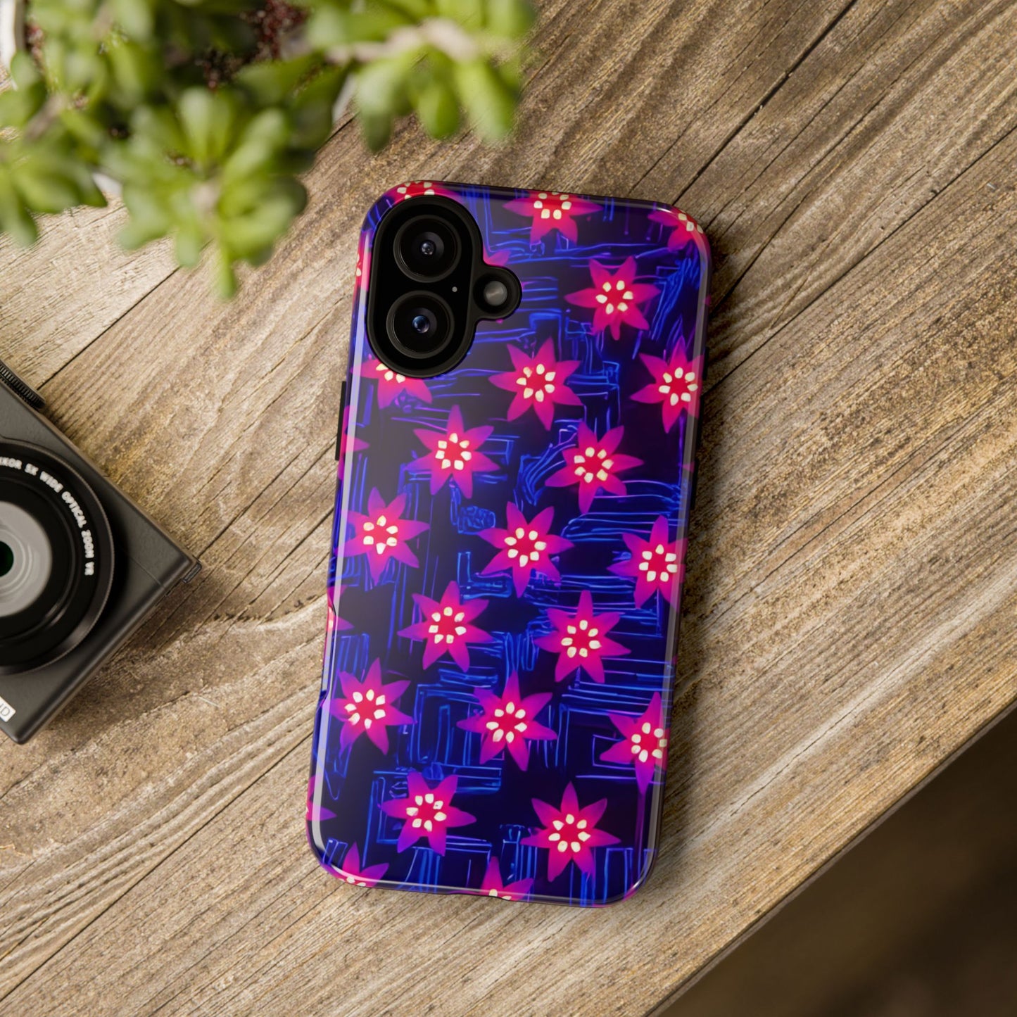 Neon Flower Tough Phone Case - Trippy Dark Floral Art, Electric Glow Aesthetic, Compatible with iPhone, Galaxy, and Google Phones