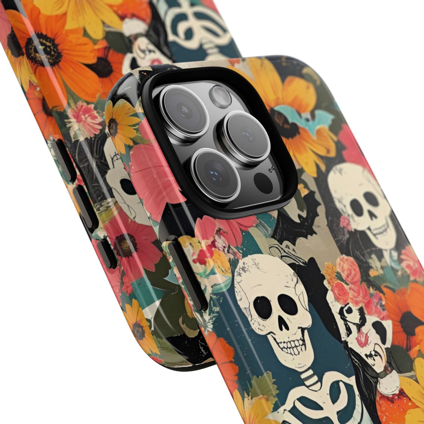 Summerween Skull Phone Case, Halloween Floral Skeleton Phone Cover - Pumpkin Goth Aesthetic Case, Spooky Fall Accessory, Floral Horror Gift