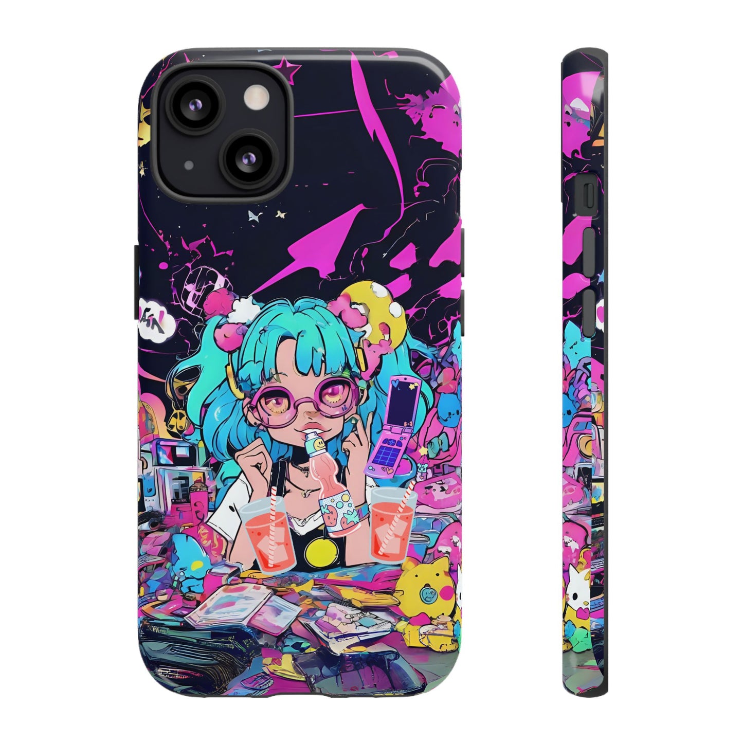 Y2K Anime Girl Tough Phone Case - Kawaii Vaporwave Style, Cute Maximalist Aesthetic, Compatible with iPhone, Galaxy, and Google Phones