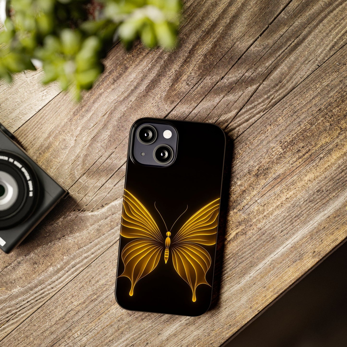 Golden Butterfly Phone Case, Elegant Insect Art, Black Aesthetic Slim Phone Case Compatible with iPhone, Galaxy, Google