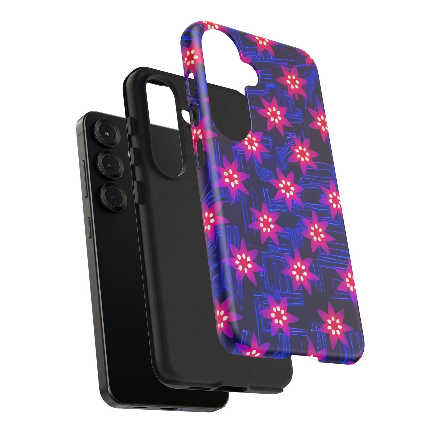 Neon Flower Tough Phone Case - Trippy Dark Floral Art, Electric Glow Aesthetic, Compatible with iPhone, Galaxy, and Google Phones