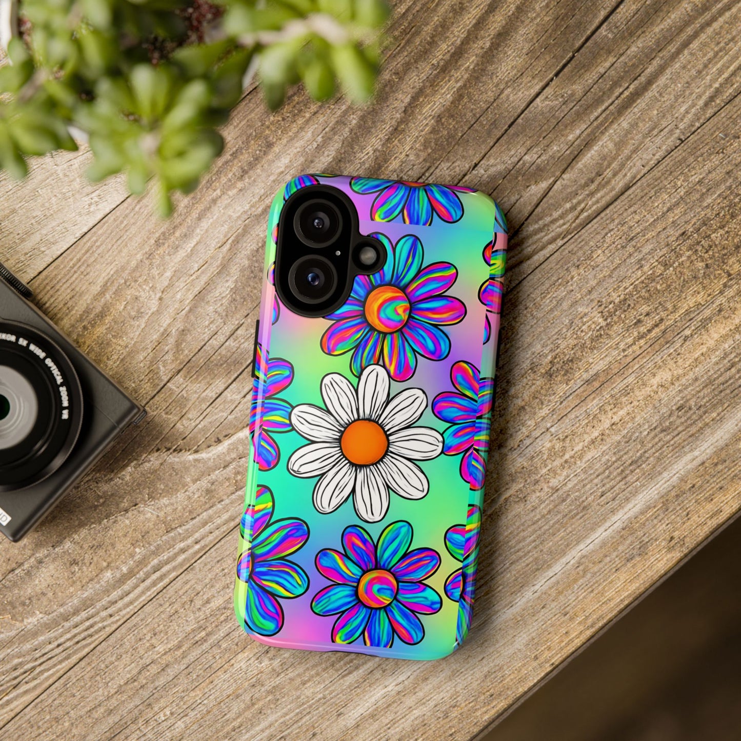 Trippy Daisy Tough Phone Case - Psychedelic Floral Design, Colorful Retro Aesthetic, Compatible with iPhone, Galaxy, and Google Phones