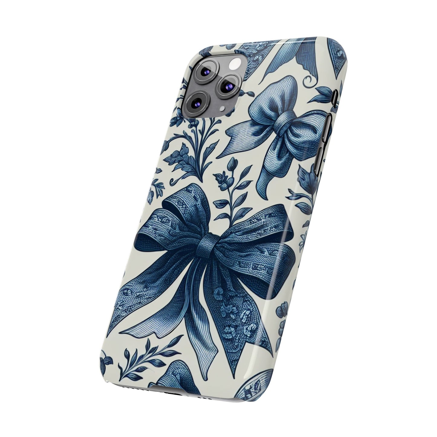 Elegant Floral Bow Slim Phone Case, Blue Flower Phone Cover, Gift for Her, Stylish Tech Accessory, Wedding Gift, Floral Design