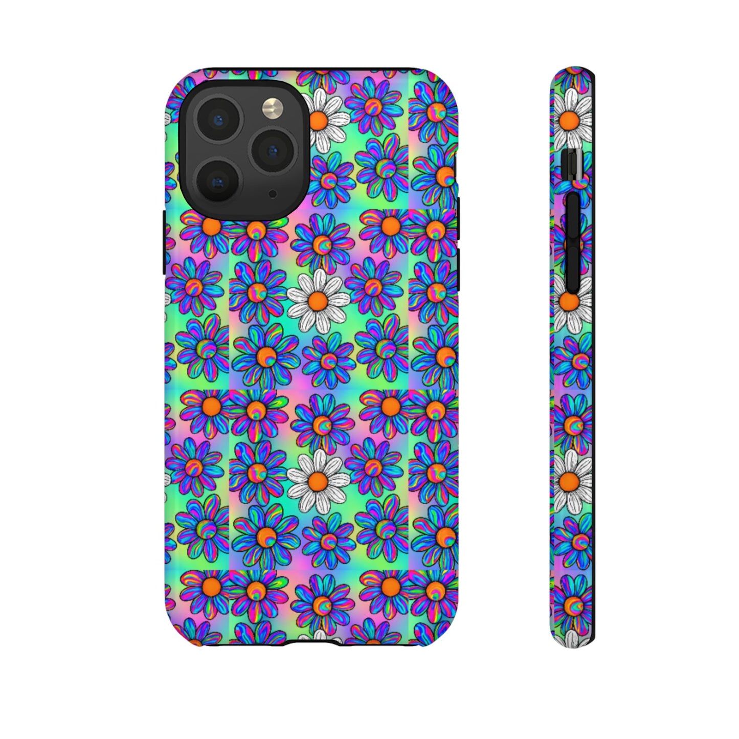 Trippy Daisy Tough Phone Case - Psychedelic Floral Aesthetic, Colorful Groovy Design, Compatible with iPhone, Galaxy, and Google Phones
