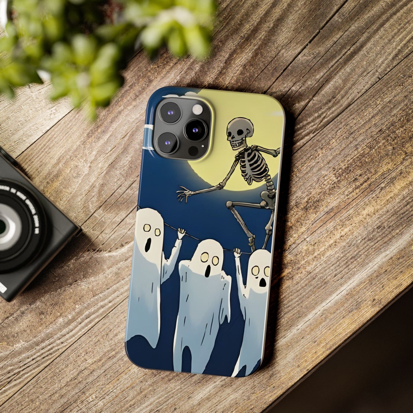 Jumping Skeleton Slim Phone Case - Halloween Aesthetic, Creepy Cute Ghost Cartoon Style, Compatible with iPhone, Galaxy, and Google Phones
