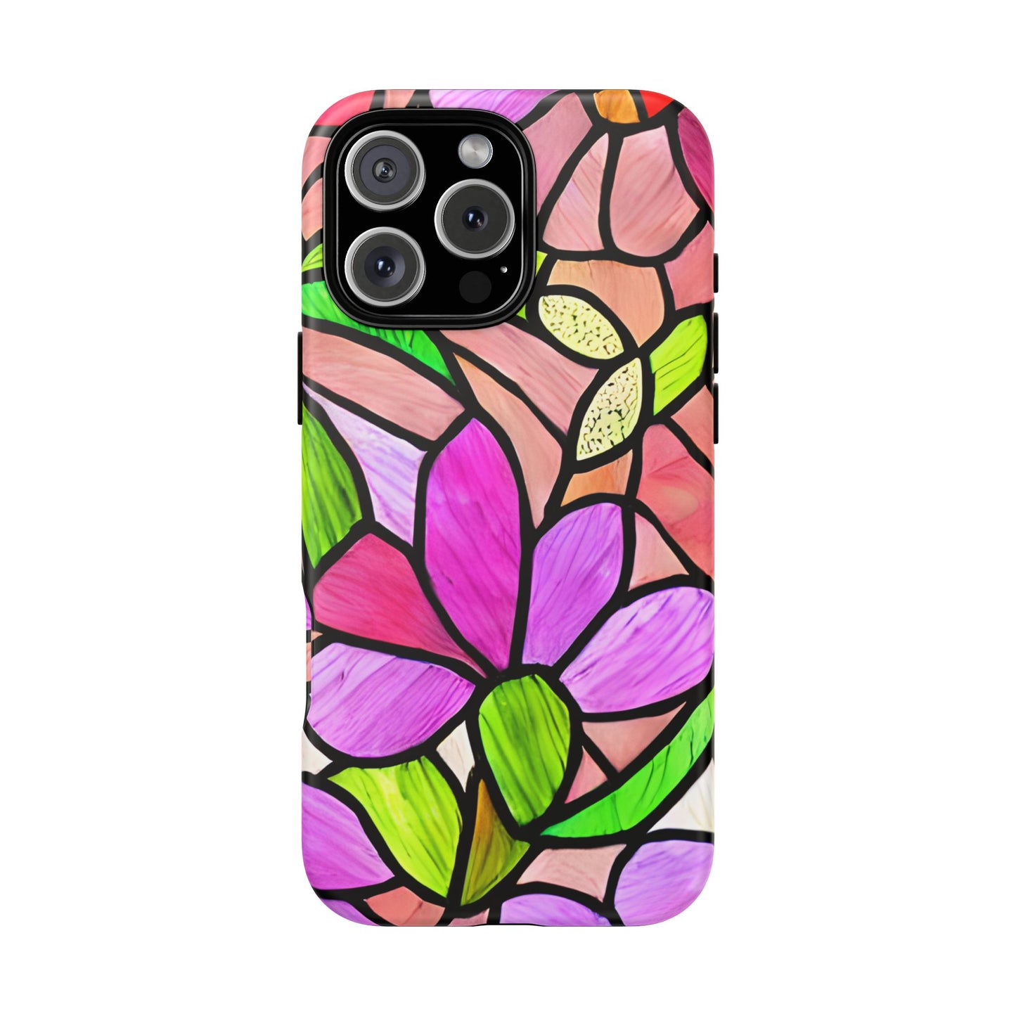 Stained Glass Floral Tough Phone Case - compatible with iPhone 15 14 13 12 11 X, Samsung Galaxy, Google Pixel- Artistic Flower Pattern Cover