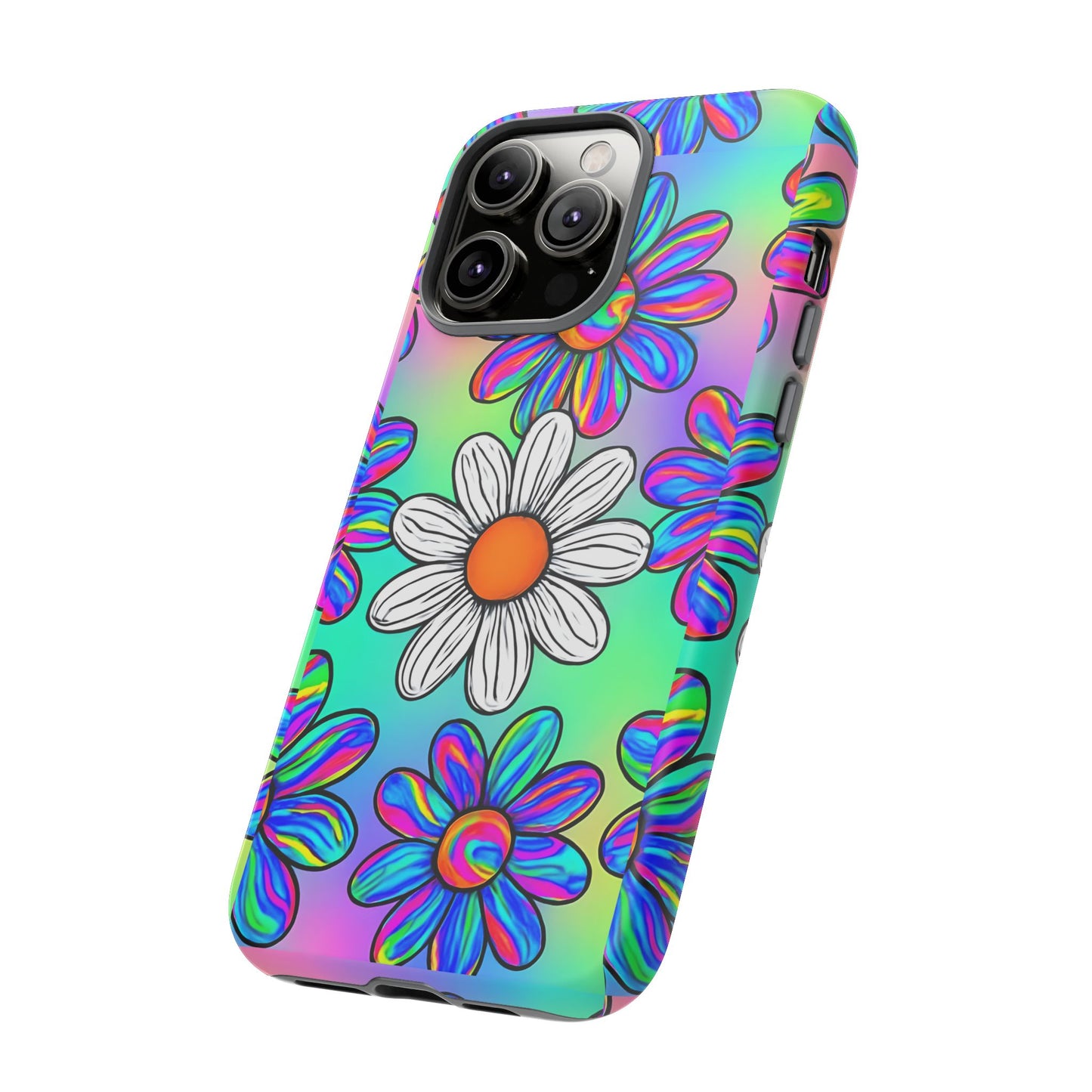 Trippy Daisy Tough Phone Case - Psychedelic Floral Design, Colorful Retro Aesthetic, Compatible with iPhone, Galaxy, and Google Phones