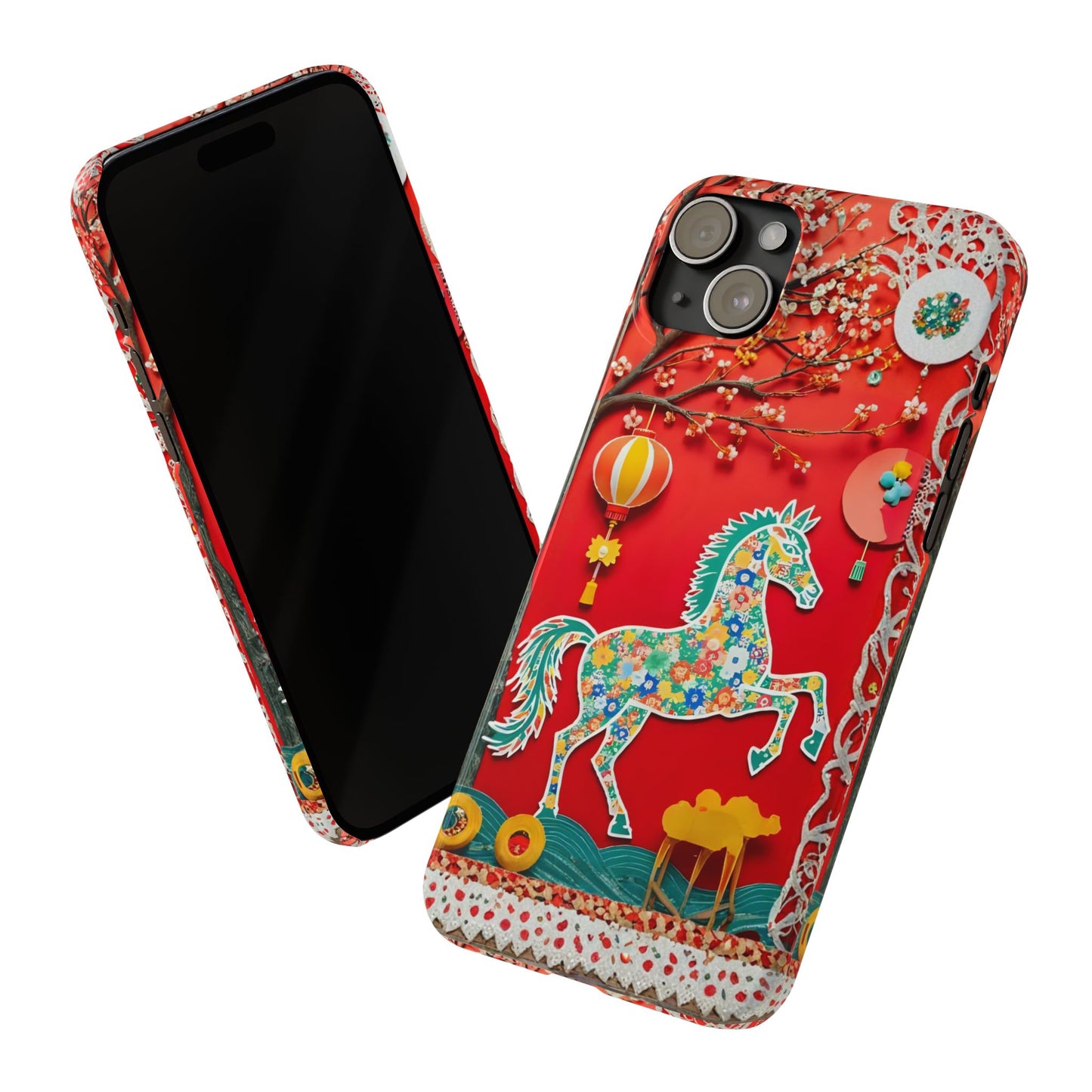 Year of the Horse Slim Phone Case, Flower Art Chinese Zodiac 2026 Design, compatible with iPhone 17 16 15 14 13 12 11