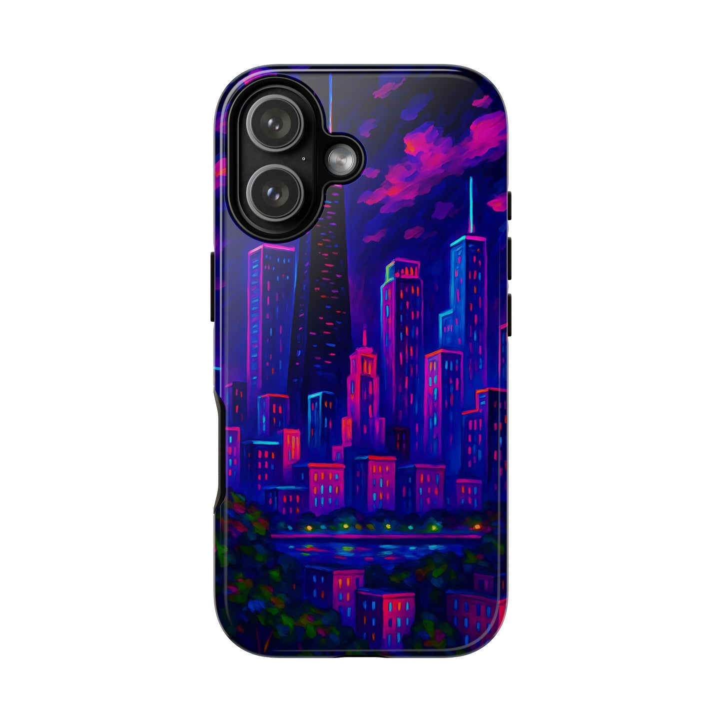 Cityscape Tough Phone Case, Chicago Skyline Phone Cover, Neon Night Design Compatible with iPhone, Galaxy & Google