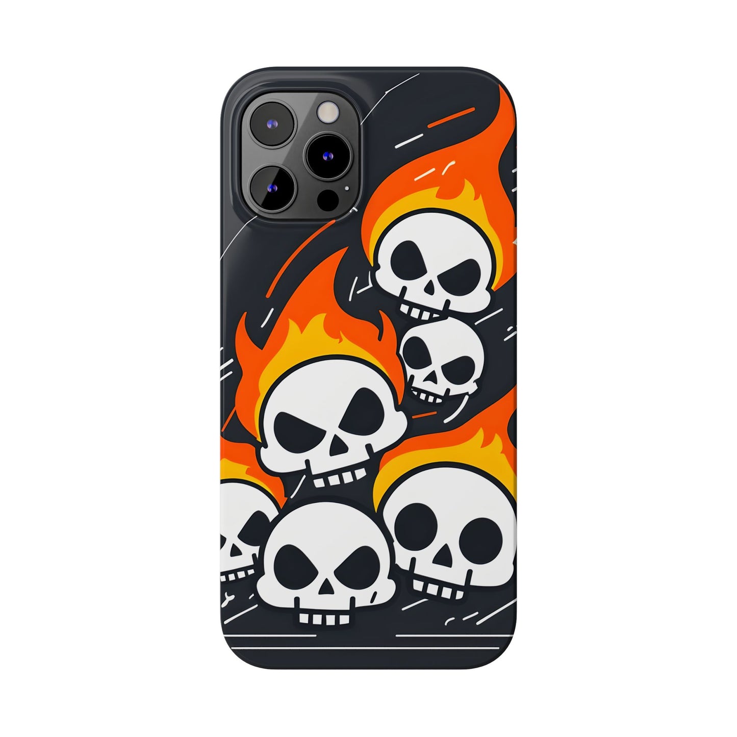 Flaming Skulls Slim Phone Case, Y2K Alt Halloween Aesthetic, Creepy Cute Cartoon Style, Stylish Music Lovers, Perfect Gift for Halloween