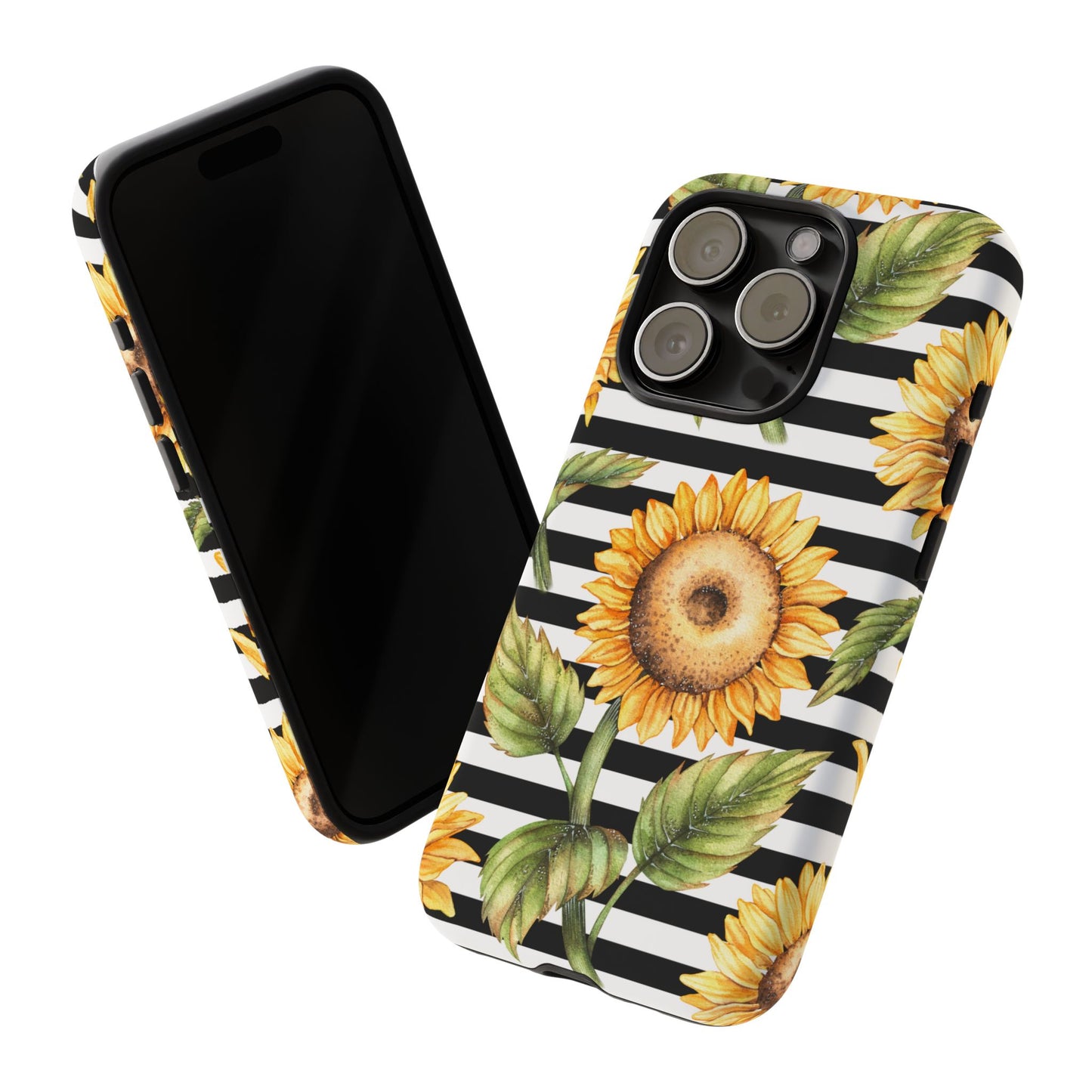 Sunflower Tough Phone Case - Bold Yellow Floral Art, Black and White Striped Aesthetic, Compatible with iPhone, Galaxy, and Google Phones
