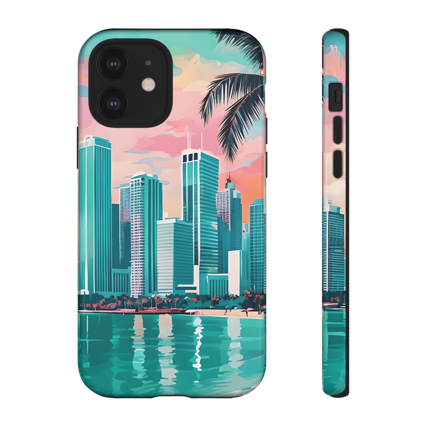 Miami Cityscape Phone Case - Tropical Skyline Tough Case, Sunset Beach Urban Art, Gift for Travelers Compatible with iPhone, Galaxy, Google