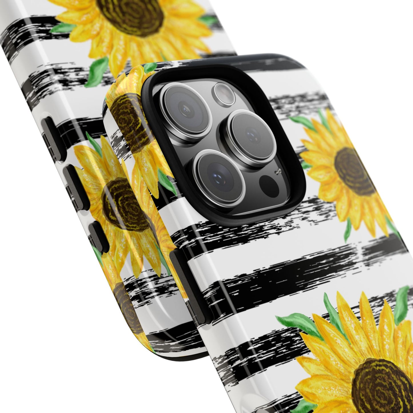 Sunflower Tough Phone Case - Bright Yellow Floral Art, Black and White Striped Aesthetic, Compatible with iPhone, Galaxy, and Google Phones