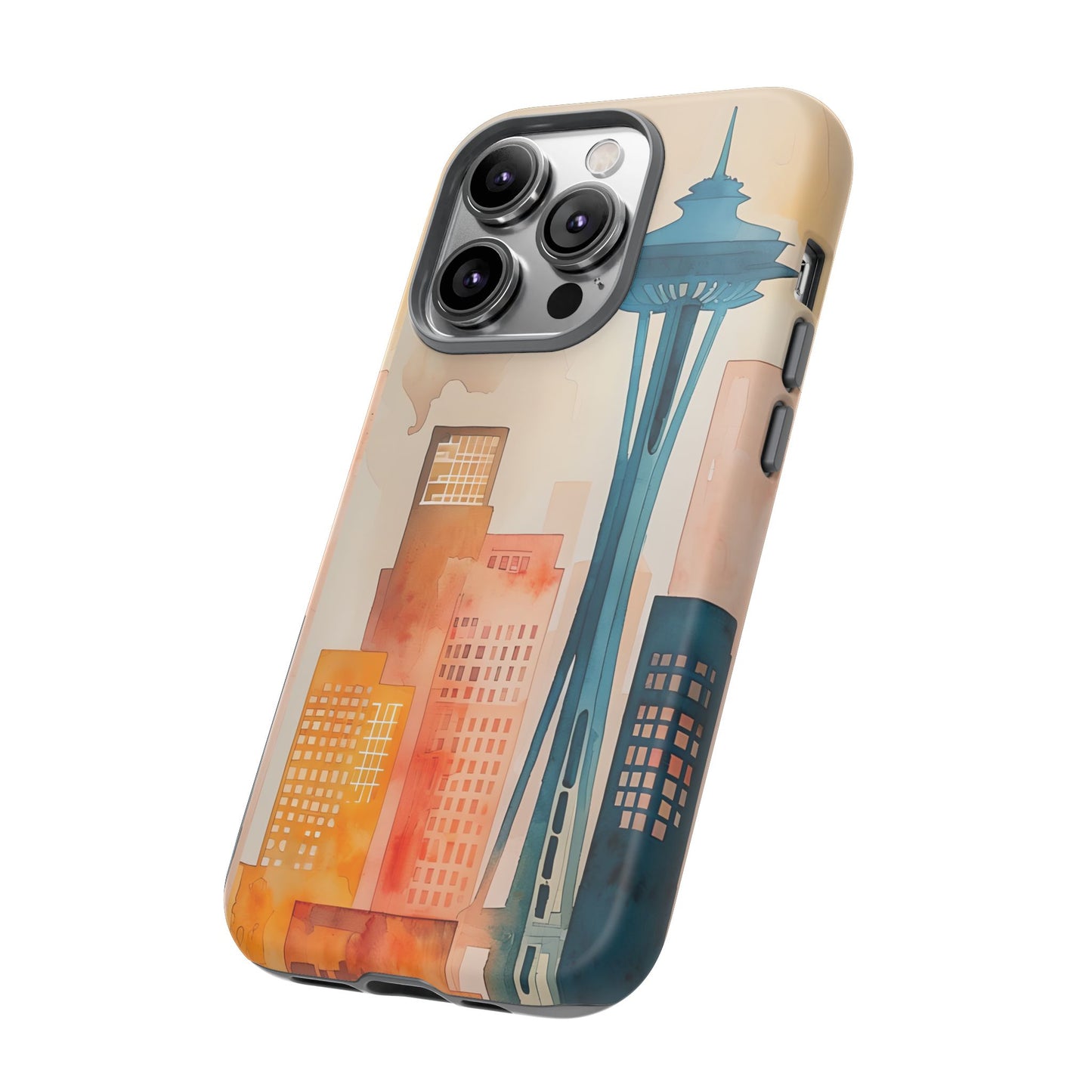 Seattle Cityscape Phone Case - Urban Skyline Art Tough Case, Watercolor City Aesthetic, Compatible with iPhone, Galaxy, Google Phones
