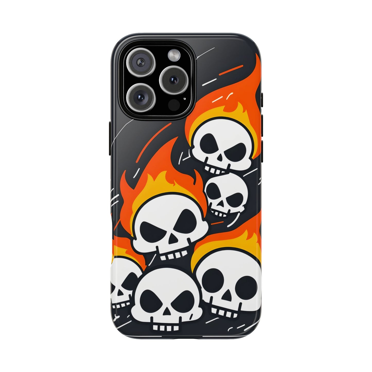 Flaming Skulls Tough Phone Case - Y2K Alt Halloween Aesthetic, Creepy Cute Cartoon Style, Compatible with iPhone, Galaxy, and Google Phones