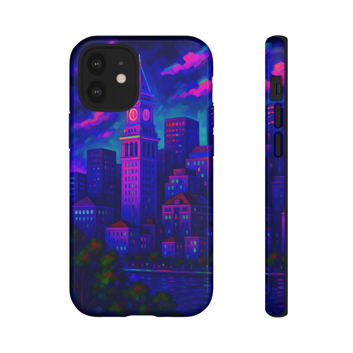 Boston Cityscape Tough Phone Case, Neon Night Skyline, Sunset Tower View Watercolor Urban Art, Compatible with iPhone, Galaxy, Google Phones