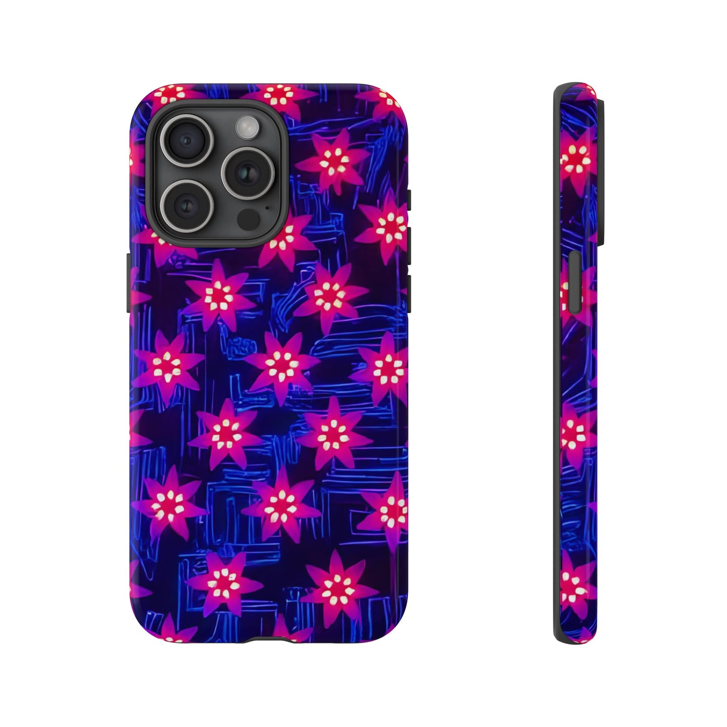 Neon Flower Tough Phone Case - Trippy Dark Floral Art, Electric Glow Aesthetic, Compatible with iPhone, Galaxy, and Google Phones