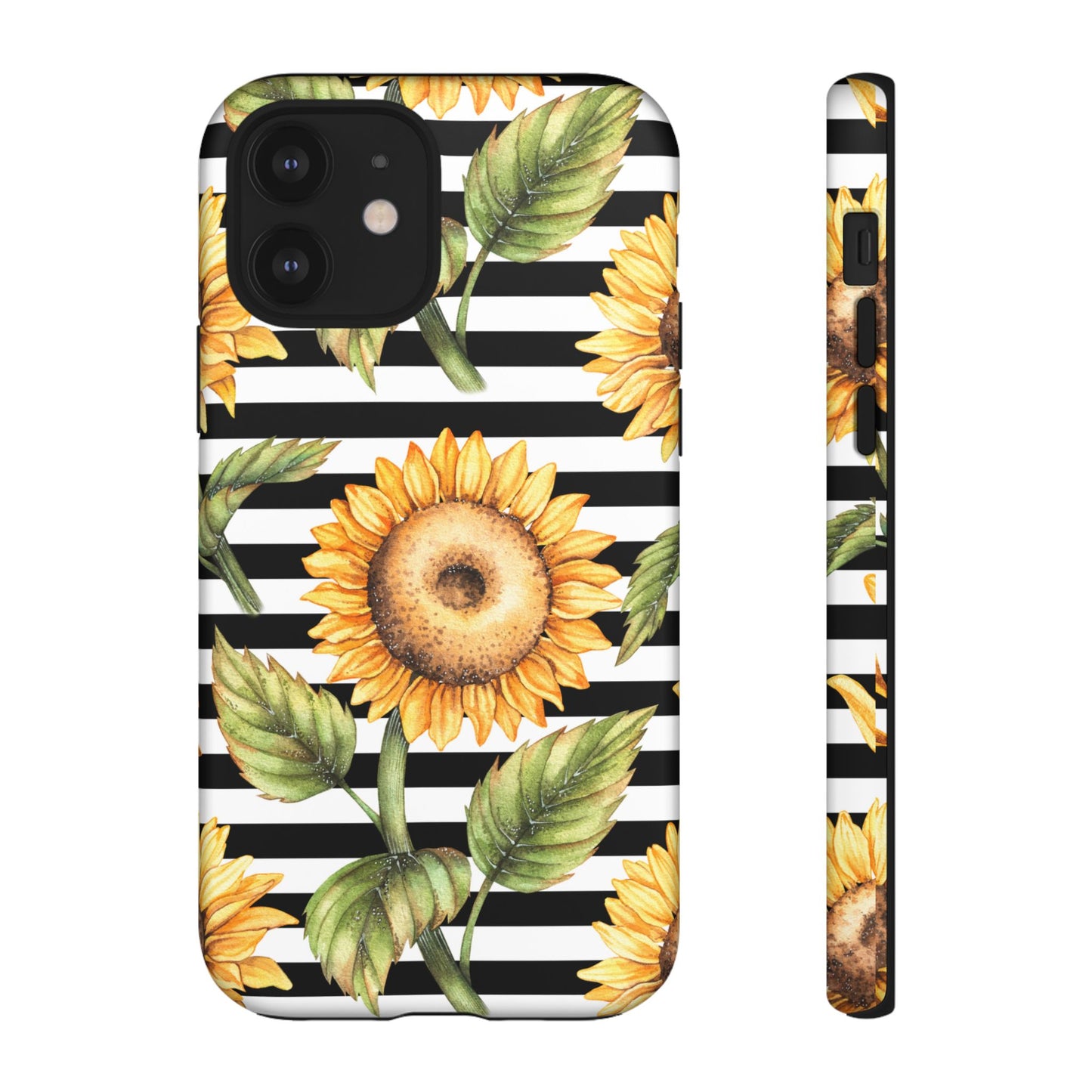 Sunflower Tough Phone Case - Bold Yellow Floral Art, Black and White Striped Aesthetic, Compatible with iPhone, Galaxy, and Google Phones