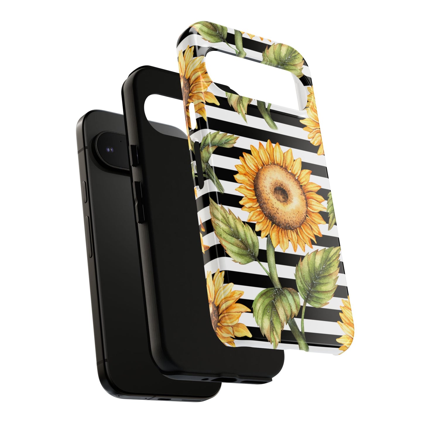 Sunflower Tough Phone Case - Bold Yellow Floral Art, Black and White Striped Aesthetic, Compatible with iPhone, Galaxy, and Google Phones