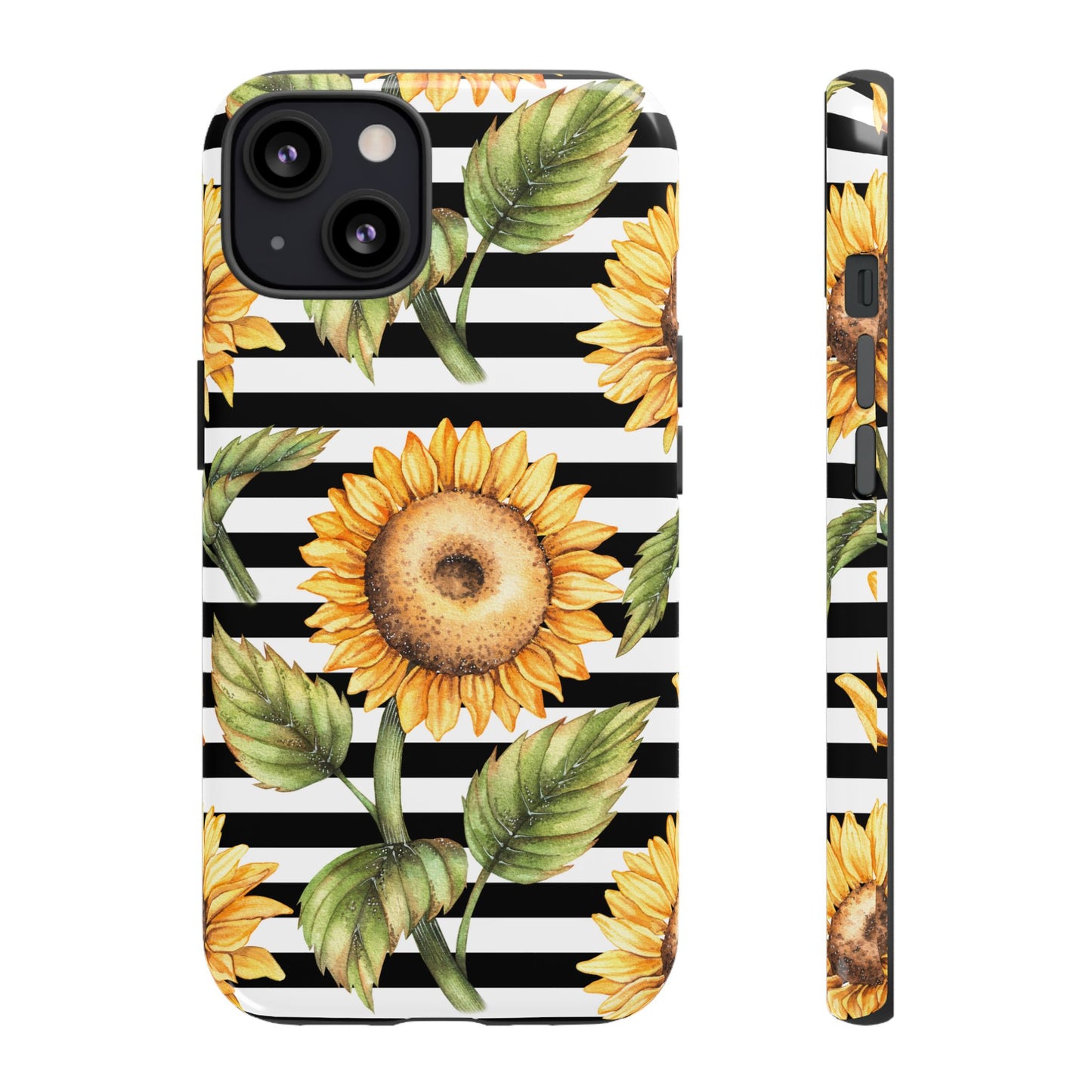 Sunflower Tough Phone Case - Bold Yellow Floral Art, Black and White Striped Aesthetic, Compatible with iPhone, Galaxy, and Google Phones