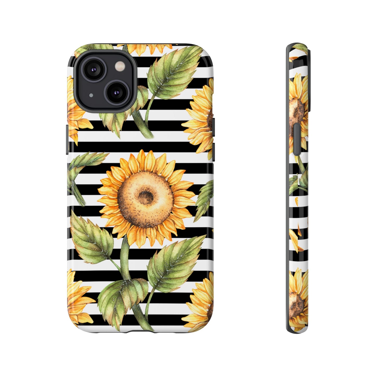 Sunflower Tough Phone Case - Bold Yellow Floral Art, Black and White Striped Aesthetic, Compatible with iPhone, Galaxy, and Google Phones