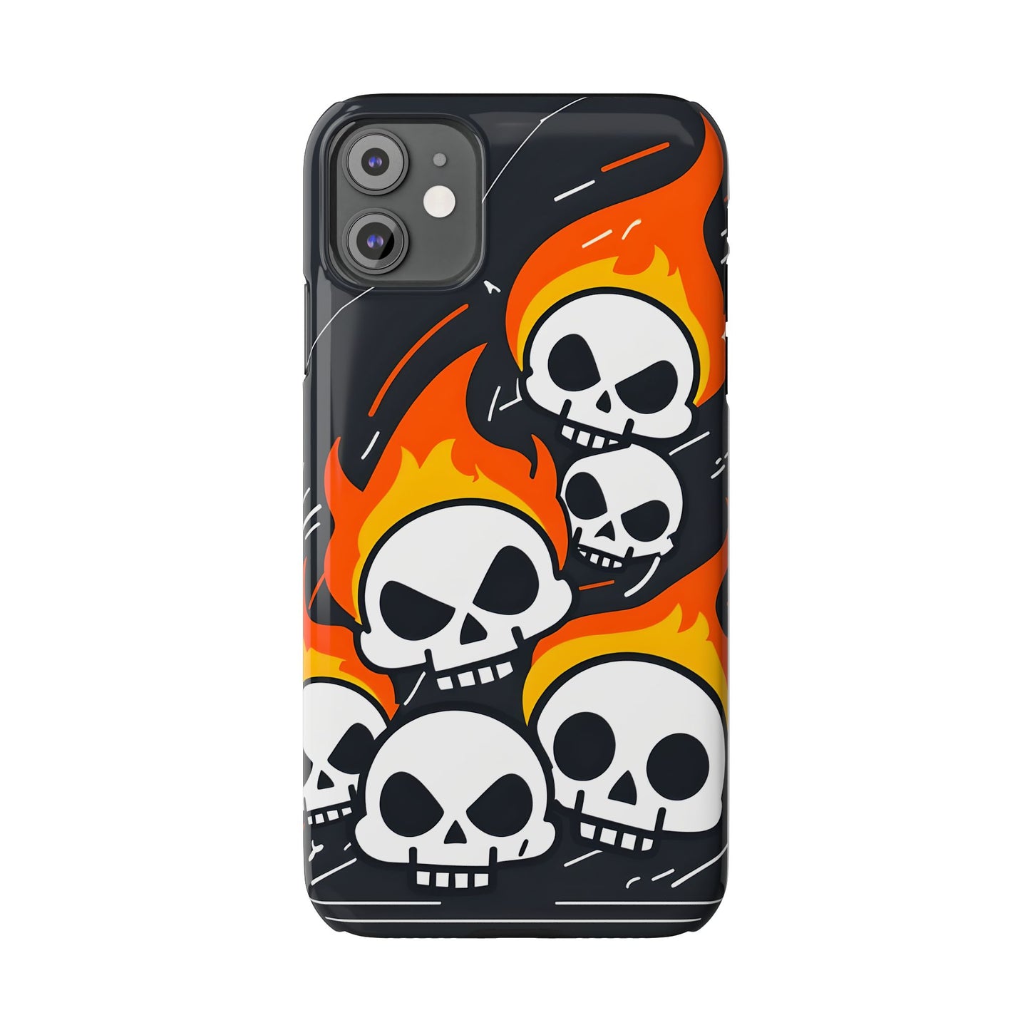 Flaming Skulls Slim Phone Case, Y2K Alt Halloween Aesthetic, Creepy Cute Cartoon Style, Stylish Music Lovers, Perfect Gift for Halloween