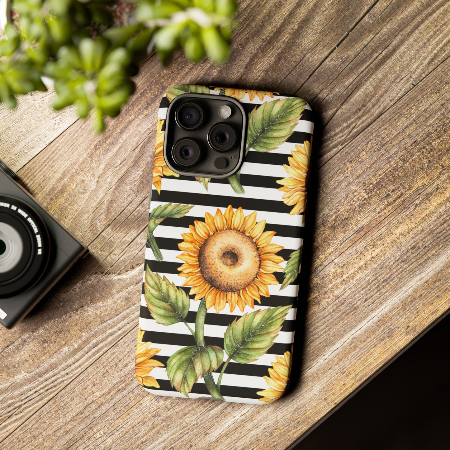 Sunflower Tough Phone Case - Bold Yellow Floral Art, Black and White Striped Aesthetic, Compatible with iPhone, Galaxy, and Google Phones