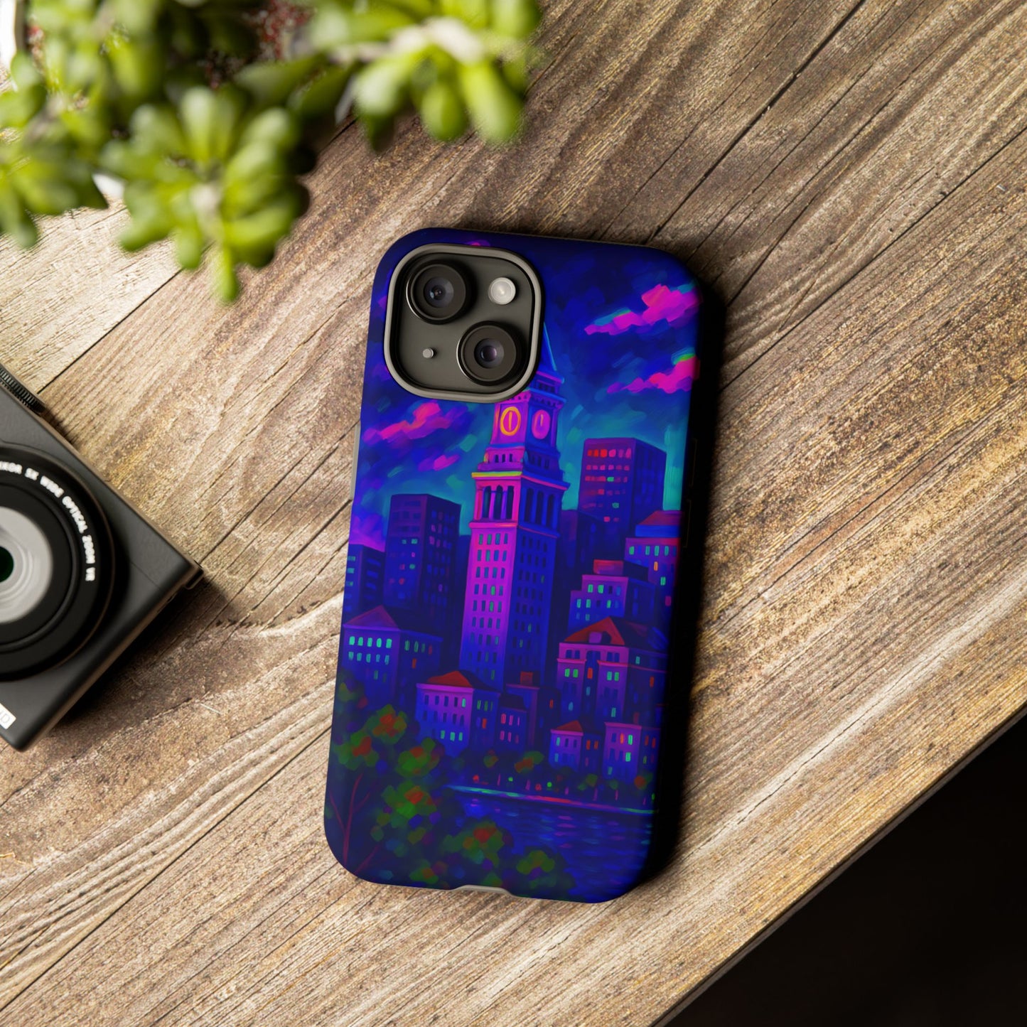 Boston Cityscape Tough Phone Case, Neon Night Skyline, Sunset Tower View Watercolor Urban Art, Compatible with iPhone, Galaxy, Google Phones