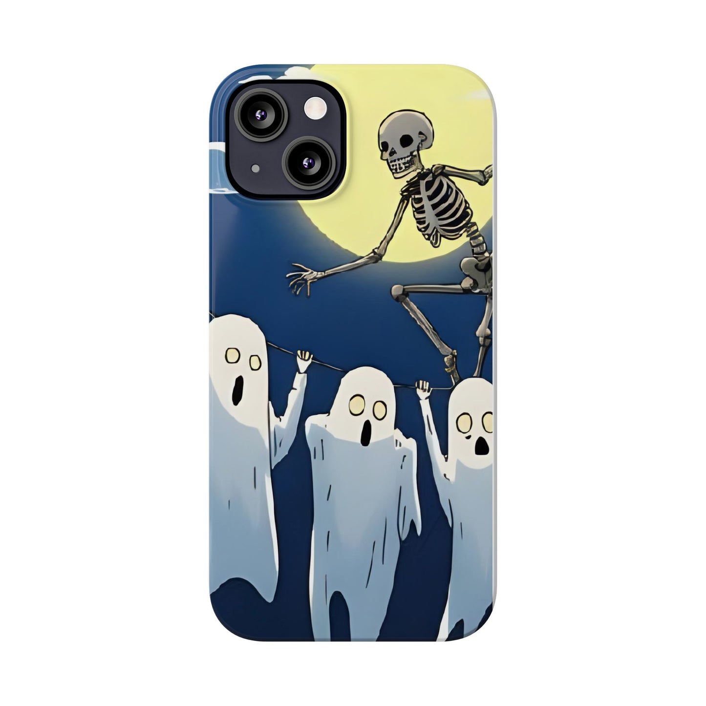 Jumping Skeleton Slim Phone Case - Halloween Aesthetic, Creepy Cute Ghost Cartoon Style, Compatible with iPhone, Galaxy, and Google Phones