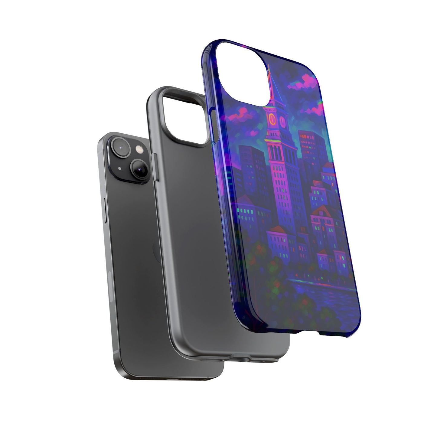 Boston Cityscape Tough Phone Case, Neon Night Skyline, Sunset Tower View Watercolor Urban Art, Compatible with iPhone, Galaxy, Google Phones