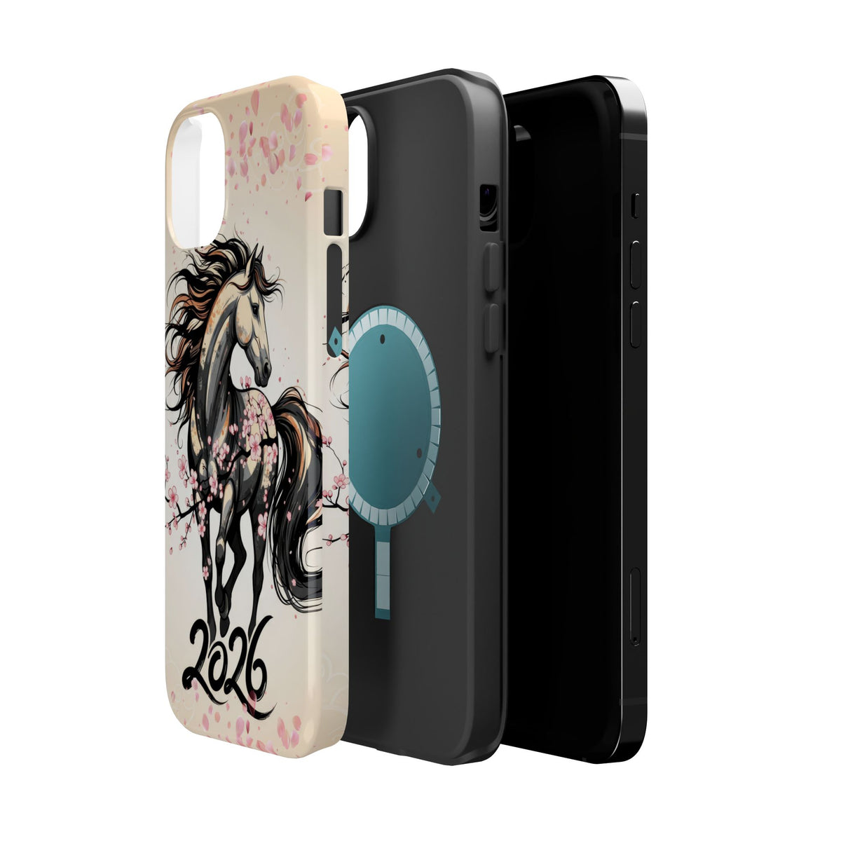 Year of the Horse Floral Art Magnetic Phone Case, Chinese Zodiac 2026 Design, compatible with iPhone 17 16 15 14 13