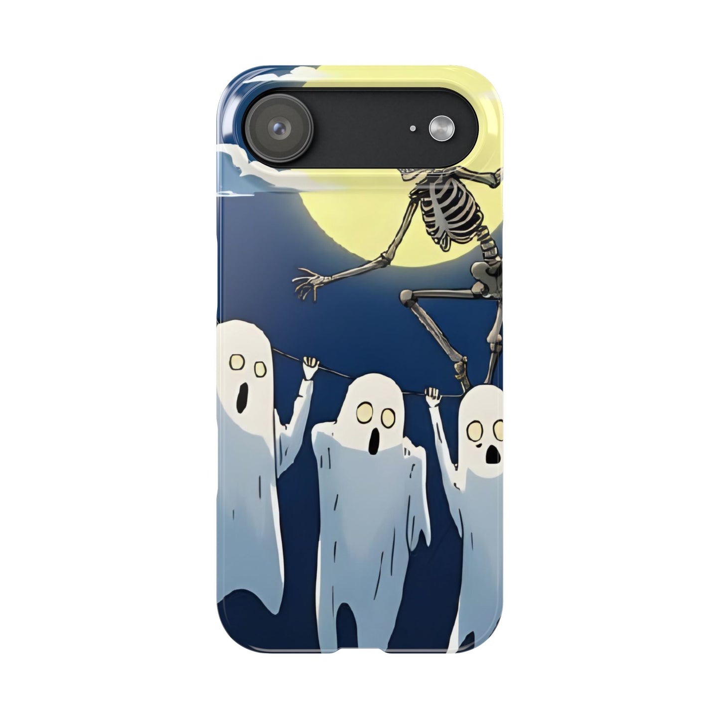 Jumping Skeleton Slim Phone Case - Halloween Aesthetic, Creepy Cute Ghost Cartoon Style, Compatible with iPhone, Galaxy, and Google Phones