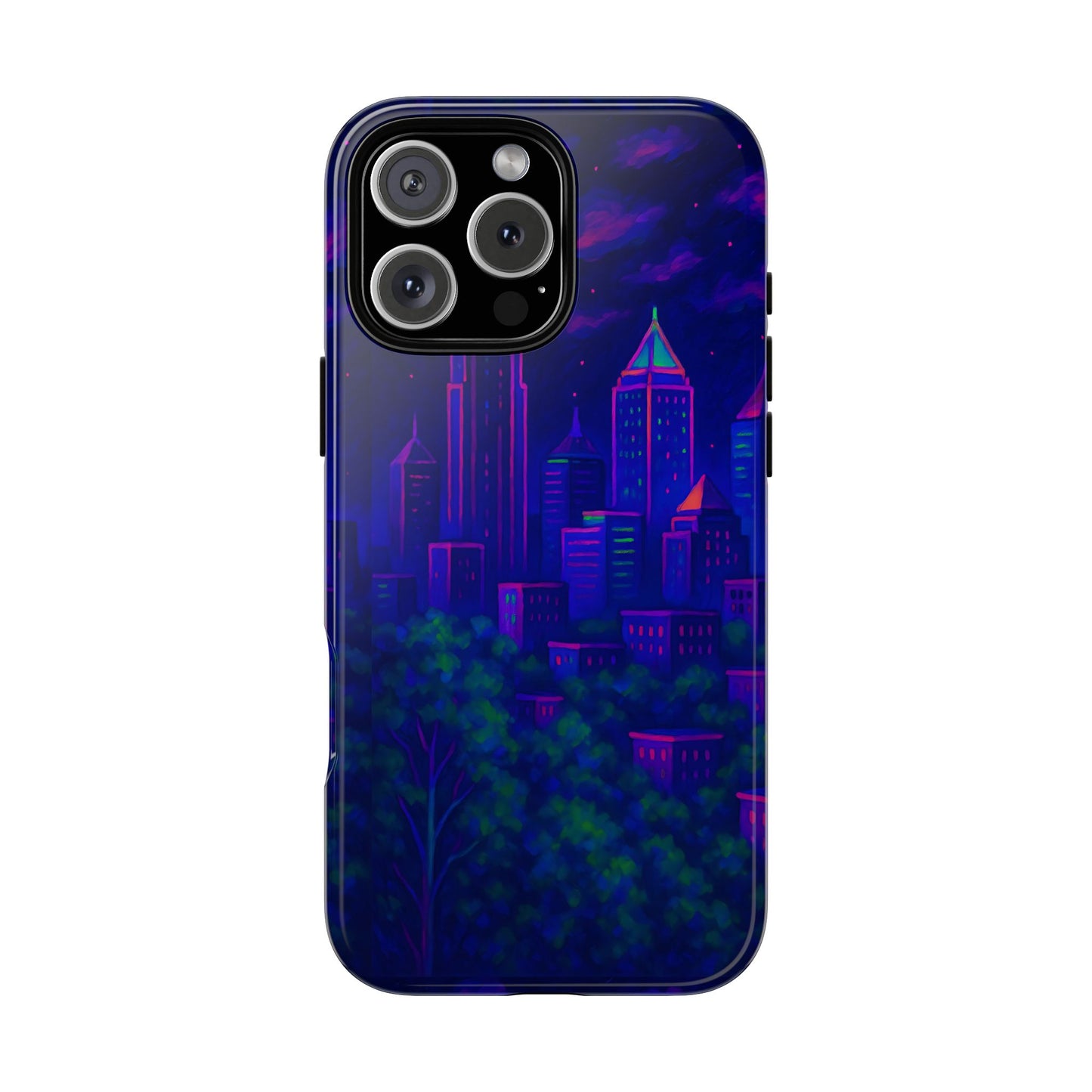 Cityscape Tough Phone Case, Atlanta Skyline Phone Cover, Neon Night Design Compatible with iPhone, Galaxy & Google