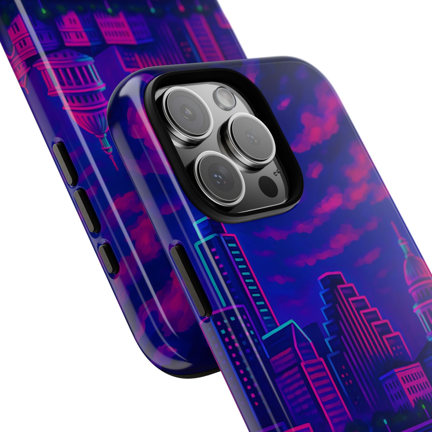 Cityscape Tough Phone Case, Austin Texas Skyline Phone Cover, Neon Night Design Compatible with iPhone, Galaxy & Google
