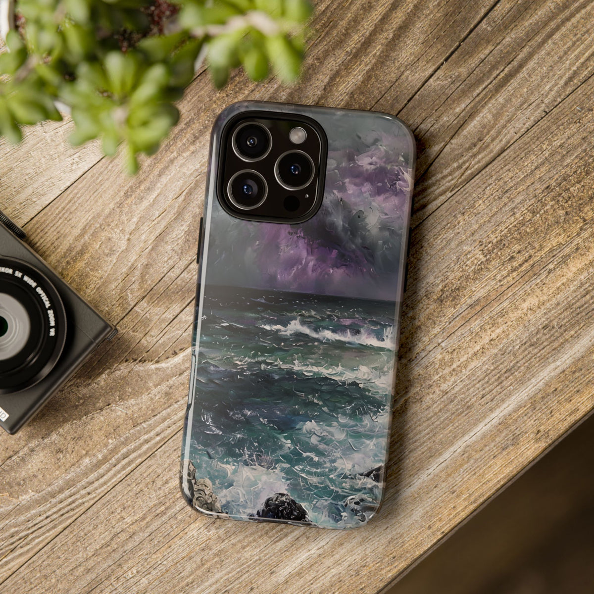 Stormy Ocean Scenery Tough Phone Case, Oil Painting, Dark Sea Waves Compatible with iPhone 17, 16, 15, 14, 13, Galaxy, Google