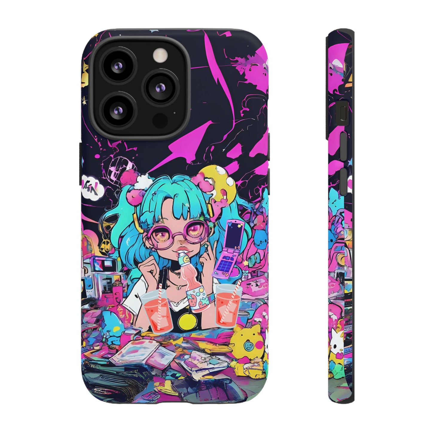 Y2K Anime Girl Tough Phone Case - Kawaii Vaporwave Style, Cute Maximalist Aesthetic, Compatible with iPhone, Galaxy, and Google Phones