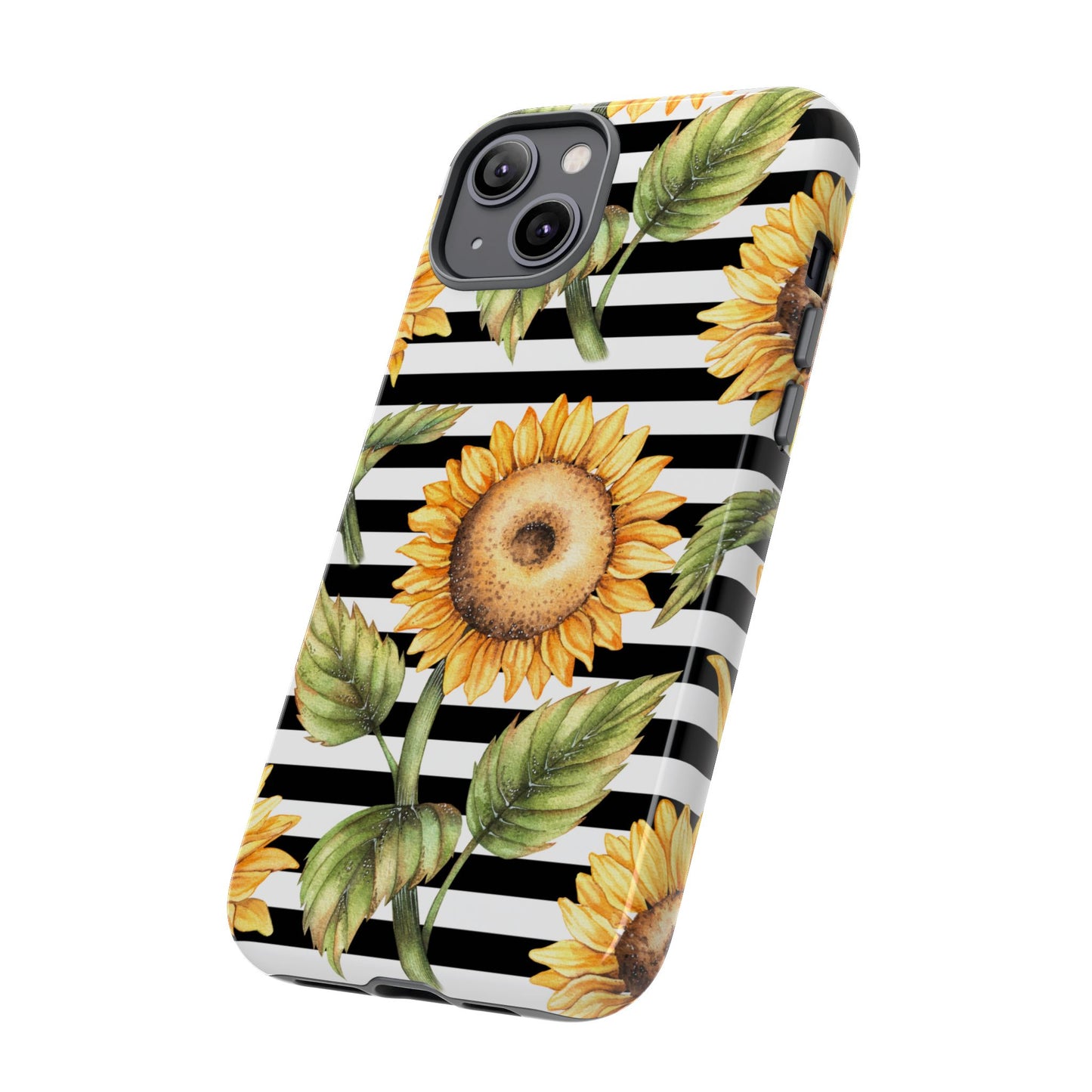 Sunflower Tough Phone Case - Bold Yellow Floral Art, Black and White Striped Aesthetic, Compatible with iPhone, Galaxy, and Google Phones