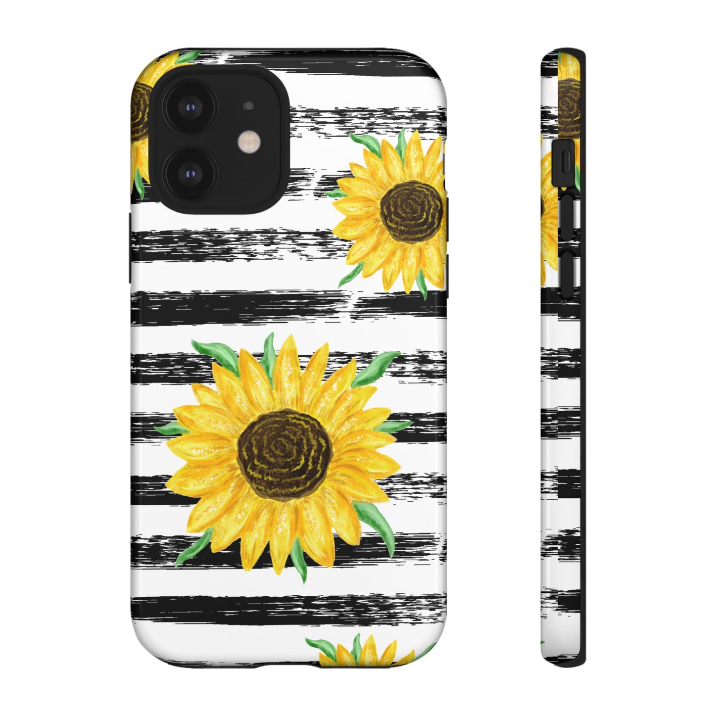 Sunflower Tough Phone Case - Bright Yellow Floral Art, Black and White Striped Aesthetic, Compatible with iPhone, Galaxy, and Google Phones