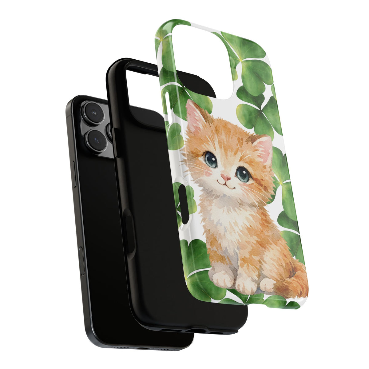 Ginger Kitten Tough Phone Case, St Patricks Day Cat Art with Shamrocks, Cute Irish Cat Gift Compatible with iPhone Galaxy Google